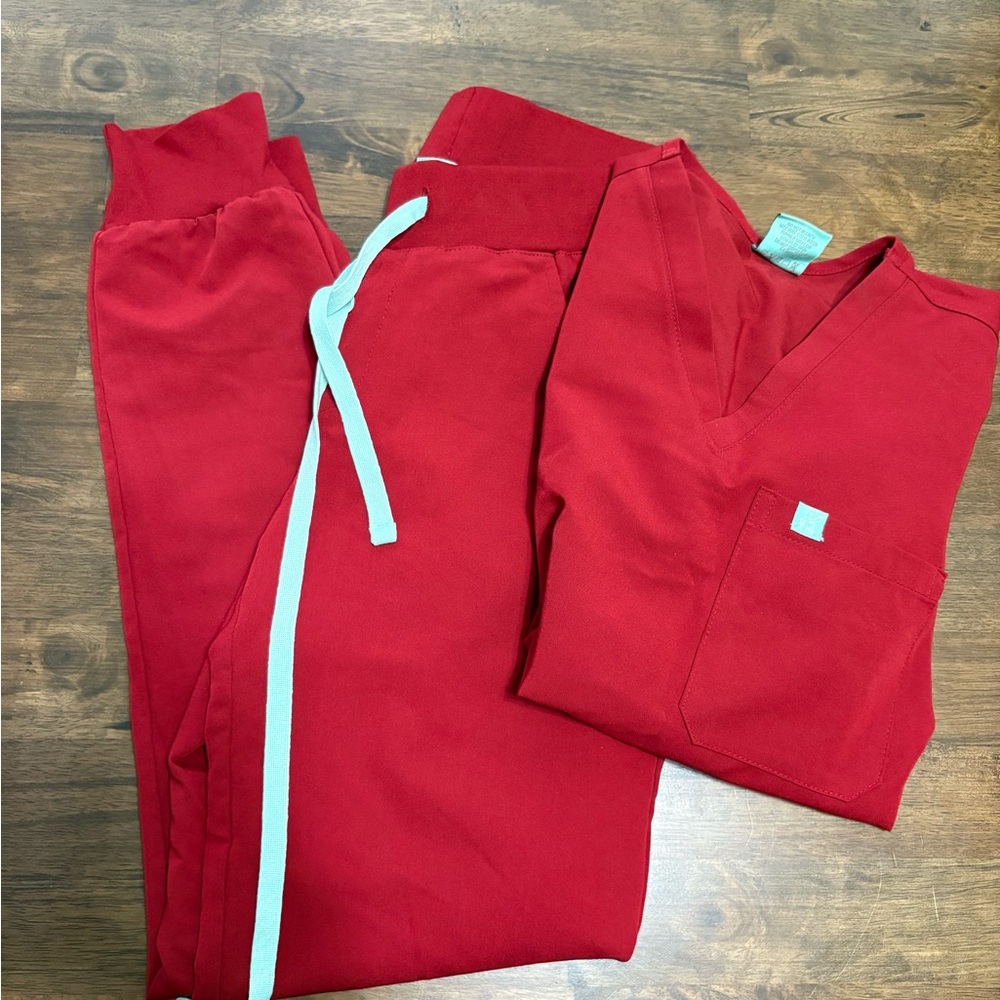 Red Scrub Set with Teal Accents